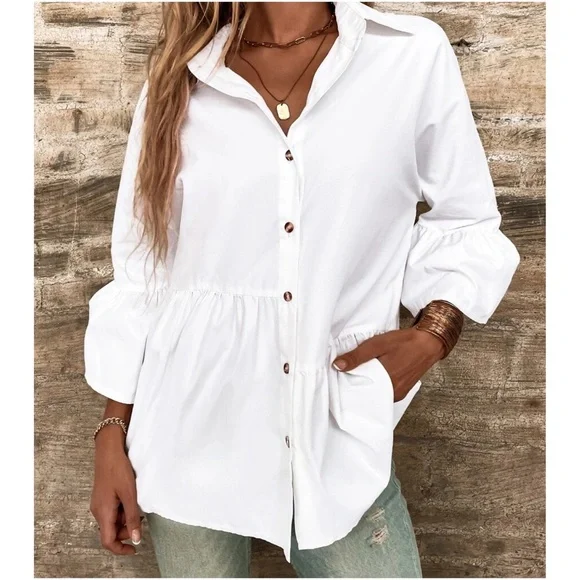 Boho Button Down Ruffle Sleeve Oversized Shirt - Picture 2 of 5